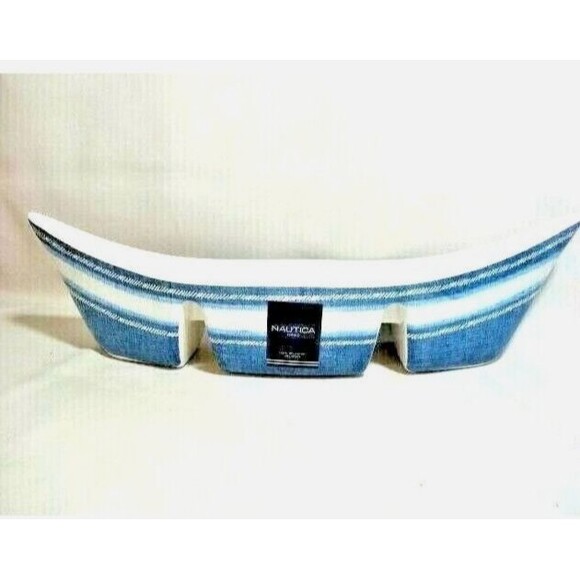 Nautica Canoe Boat Serving Bowl 3-Sections 16-in Long Party Tray White Blue NEW - Picture 1 of 5